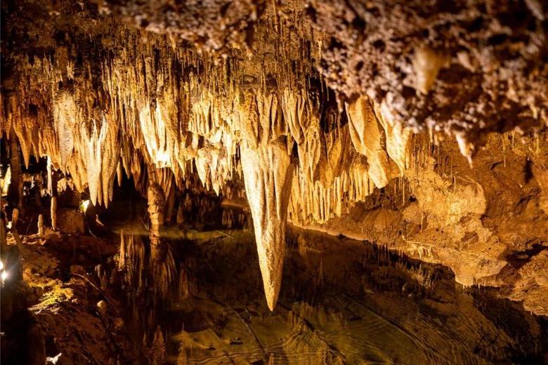 Meramec洞穴有着惊人的构造, 包括闪闪发光的钟乳石, 高耸的石笋, an ancient wine table and a seven-story mansion.