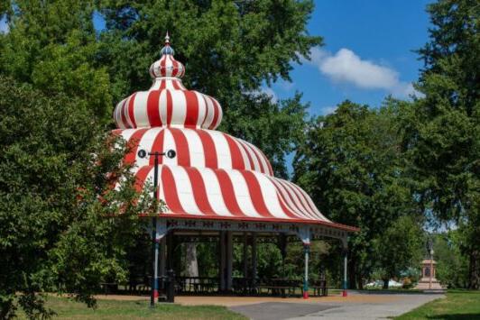 Beautifully ornate pavilions dot Tower Grove Park.